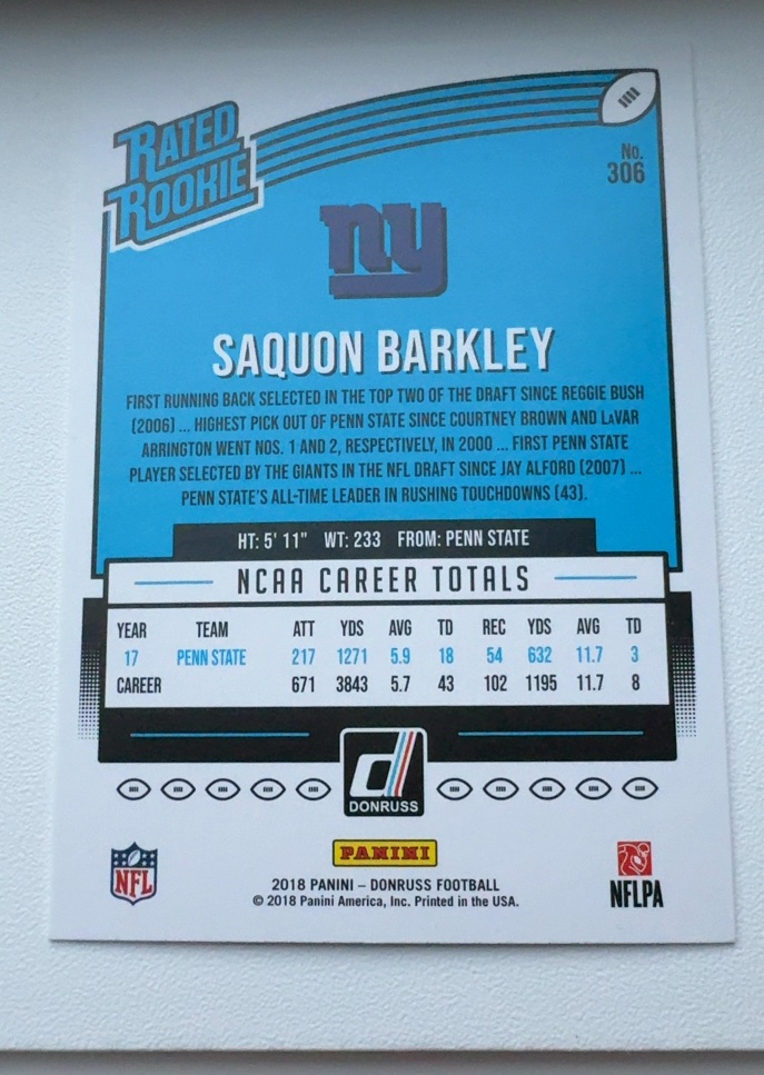 Back of 2018 Donruss Saquon Barkley Base